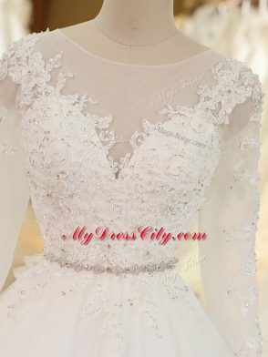 Sophisticated White Ball Gowns Tulle Scoop Long Sleeves Beading and Lace and Appliques Zipper Wedding Gowns Chapel Train