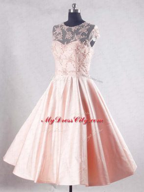 Taffeta Scoop Sleeveless Zipper Beading and Appliques Prom Gown in Pink