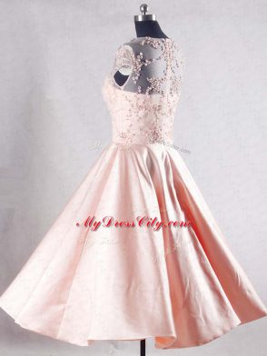 Taffeta Scoop Sleeveless Zipper Beading and Appliques Prom Gown in Pink