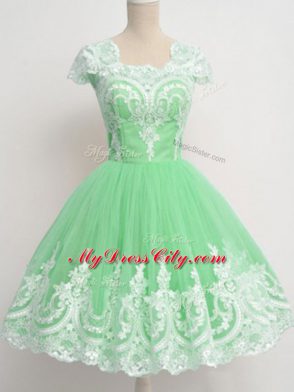 Apple Green Tulle Zipper Wedding Party Dress Cap Sleeves Knee Length Lace