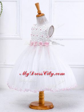 Dazzling White Sleeveless Appliques Tea Length Little Girls Pageant Dress