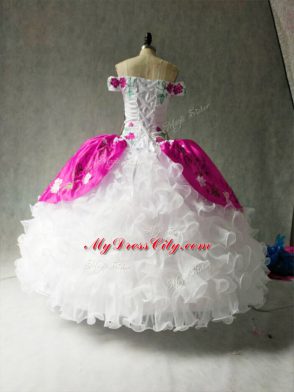 Superior Multi-color Lace Up Sweet 16 Quinceanera Dress Embroidery and Ruffles Cap Sleeves Floor Length