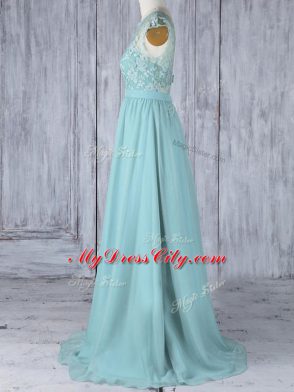 Smart Chiffon Scoop Cap Sleeves Sweep Train Backless Lace Wedding Guest Dresses in Aqua Blue