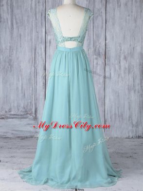 Smart Chiffon Scoop Cap Sleeves Sweep Train Backless Lace Wedding Guest Dresses in Aqua Blue