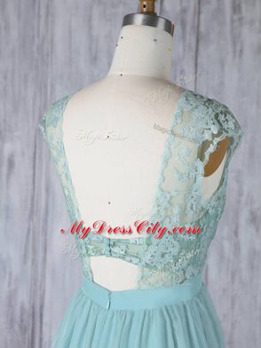 Smart Chiffon Scoop Cap Sleeves Sweep Train Backless Lace Wedding Guest Dresses in Aqua Blue