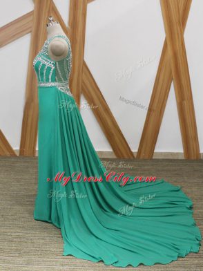 Fine Sleeveless Chiffon Watteau Train Side Zipper Evening Dress in Turquoise with Beading