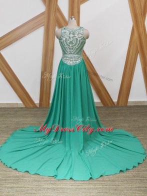 Fine Sleeveless Chiffon Watteau Train Side Zipper Evening Dress in Turquoise with Beading