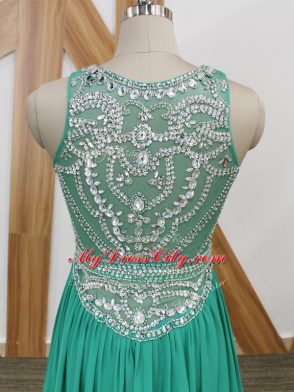 Fine Sleeveless Chiffon Watteau Train Side Zipper Evening Dress in Turquoise with Beading