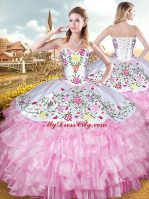 Floor Length Ball Gowns Sleeveless Rose Pink Quinceanera Gown Lace Up