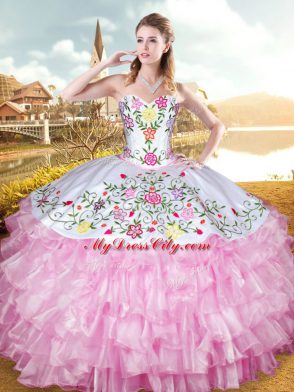 Floor Length Ball Gowns Sleeveless Rose Pink Quinceanera Gown Lace Up