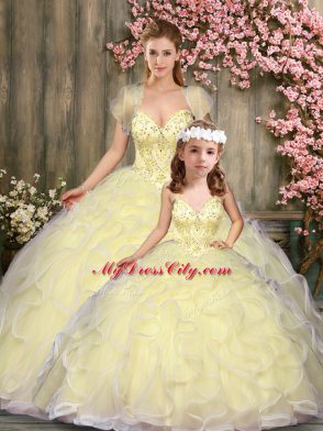 Fashionable Light Yellow Tulle Lace Up Sweet 16 Dress Sleeveless Floor Length Beading and Ruffles