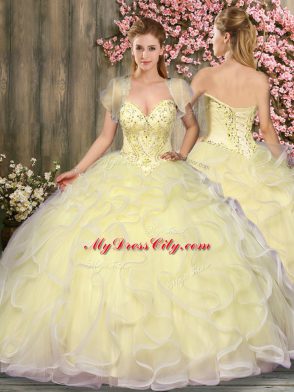 Fashionable Light Yellow Tulle Lace Up Sweet 16 Dress Sleeveless Floor Length Beading and Ruffles