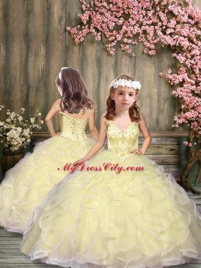 Fashionable Light Yellow Tulle Lace Up Sweet 16 Dress Sleeveless Floor Length Beading and Ruffles