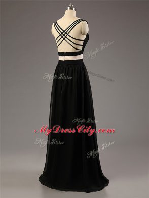 Graceful Floor Length White And Black Dama Dress Straps Sleeveless Criss Cross