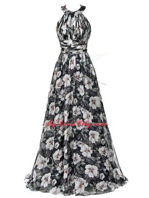 Halter Top Sleeveless Evening Dress Floor Length Ruching Multi-color Printed