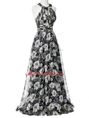 Halter Top Sleeveless Evening Dress Floor Length Ruching Multi-color Printed