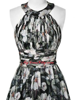 Halter Top Sleeveless Evening Dress Floor Length Ruching Multi-color Printed