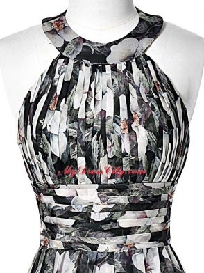 Halter Top Sleeveless Evening Dress Floor Length Ruching Multi-color Printed