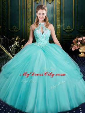 Superior Aqua Blue Halter Top Lace Up Beading and Pick Ups 15 Quinceanera Dress Sleeveless