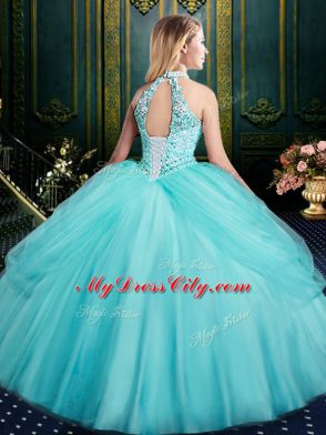 Superior Aqua Blue Halter Top Lace Up Beading and Pick Ups 15 Quinceanera Dress Sleeveless