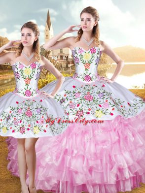 Simple Rose Pink Lace Up Sweetheart Embroidery and Ruffled Layers Quinceanera Dress Organza and Taffeta Sleeveless