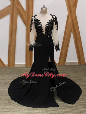 Flare Black Chiffon Zipper Mother Dresses Long Sleeves Brush Train Lace and Appliques