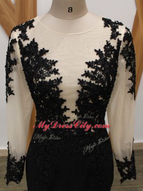 Flare Black Chiffon Zipper Mother Dresses Long Sleeves Brush Train Lace and Appliques