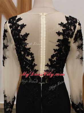 Flare Black Chiffon Zipper Mother Dresses Long Sleeves Brush Train Lace and Appliques