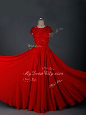 Floor Length Zipper Mother Dresses Red for Prom and Military Ball and Sweet 16 with Beading