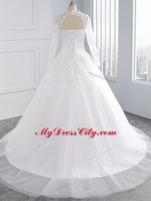 Superior Tulle Sweetheart Sleeveless Court Train Lace Up Appliques Wedding Dress in White