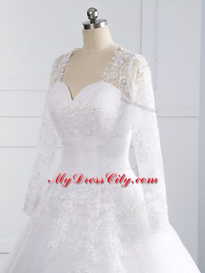 Superior Tulle Sweetheart Sleeveless Court Train Lace Up Appliques Wedding Dress in White