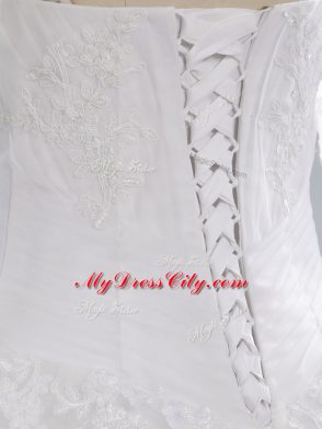 Superior Tulle Sweetheart Sleeveless Court Train Lace Up Appliques Wedding Dress in White