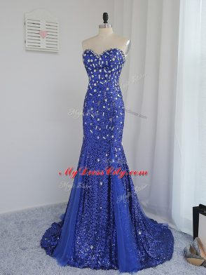 Beading and Sequins Evening Outfits Royal Blue Zipper Sleeveless Brush Train