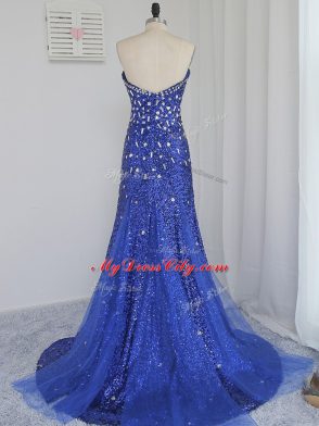 Beading and Sequins Evening Outfits Royal Blue Zipper Sleeveless Brush Train