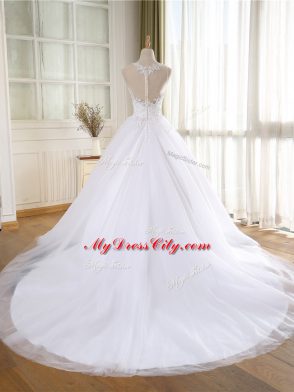 Attractive Sleeveless Court Train Zipper Lace and Appliques Wedding Dress