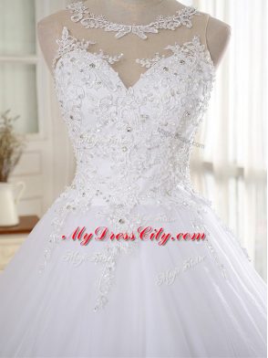 Attractive Sleeveless Court Train Zipper Lace and Appliques Wedding Dress