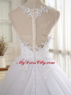 Attractive Sleeveless Court Train Zipper Lace and Appliques Wedding Dress