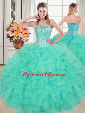 Fabulous Turquoise Quinceanera Dress Organza Brush Train Sleeveless Beading and Ruffled Layers