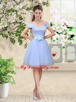 A-line Bridesmaid Dress Lavender V-neck Tulle Sleeveless Knee Length Lace Up