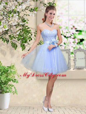 A-line Bridesmaid Dress Lavender V-neck Tulle Sleeveless Knee Length Lace Up