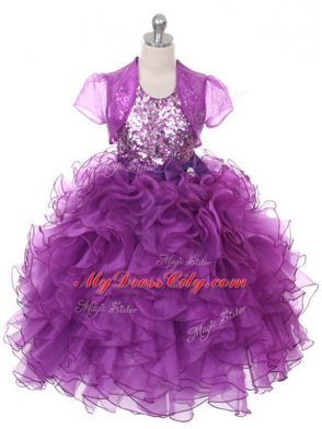 Sleeveless Ruffles and Sequins and Bowknot Lace Up Little Girls Pageant Gowns