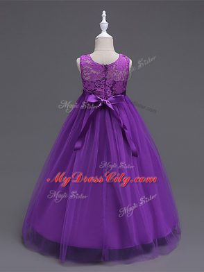 A-line Flower Girl Dress Purple Scoop Tulle Sleeveless Floor Length Zipper