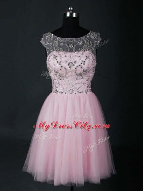 Scoop Short Sleeves Prom Dresses Mini Length Beading Baby Pink Tulle