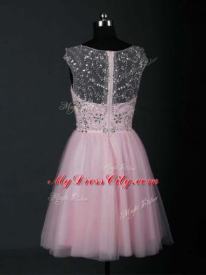 Scoop Short Sleeves Prom Dresses Mini Length Beading Baby Pink Tulle