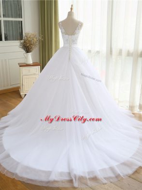 Tulle Sleeveless Wedding Dress Court Train and Beading and Lace and Appliques