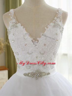 Tulle Sleeveless Wedding Dress Court Train and Beading and Lace and Appliques