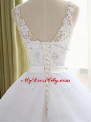 Tulle Sleeveless Wedding Dress Court Train and Beading and Lace and Appliques