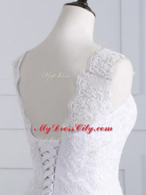 Superior Sleeveless Brush Train Beading and Appliques Lace Up Wedding Gowns