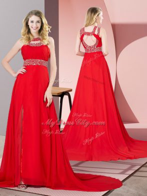 Sexy Red Sleeveless Beading Backless