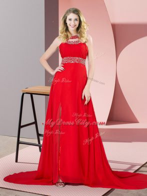 Sexy Red Sleeveless Beading Backless